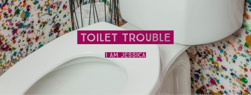 The header image for "toilet trouble" features a white toilet and funky wallpaper